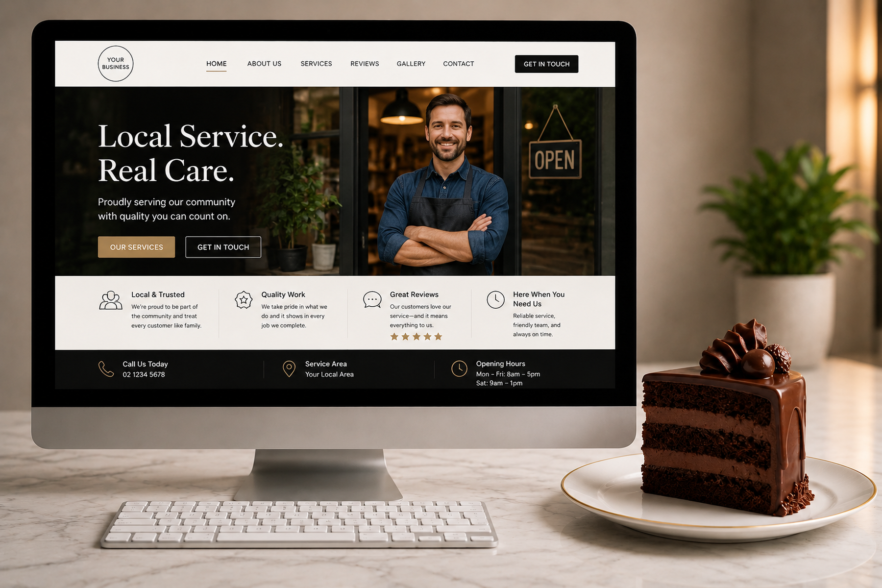 A polished website displayed beside a chocolate cake on a plate.