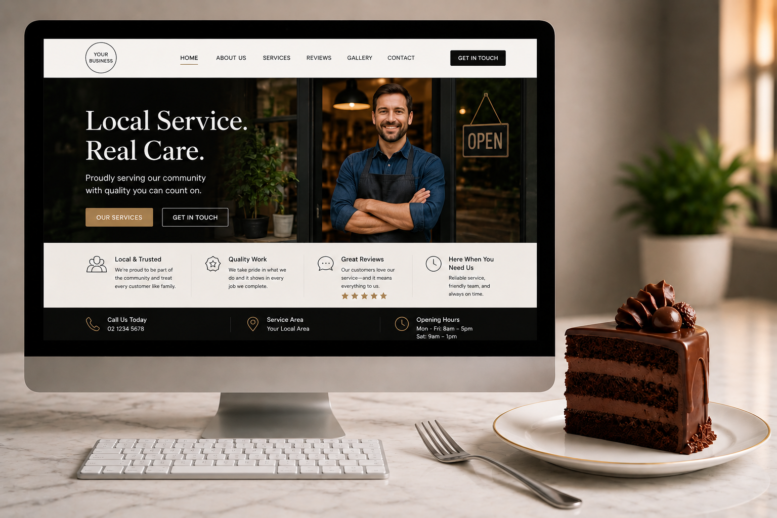 A website, chocolate cake, and fork together representing design and function working together.