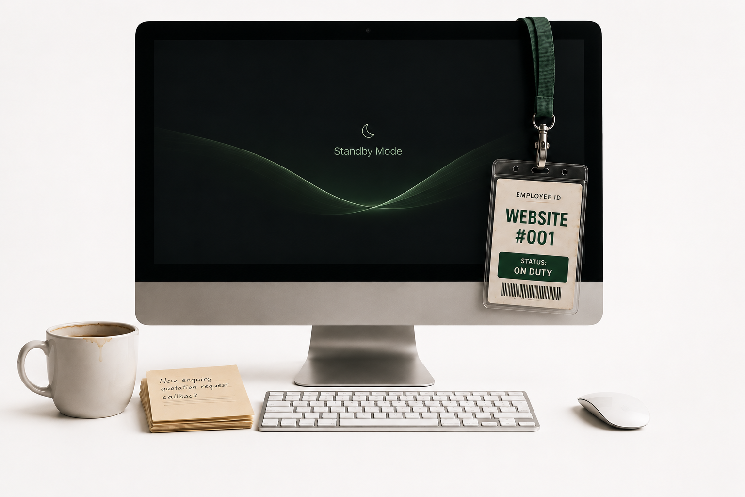 Computer monitor with an employee badge representing a website working as part of a business team.